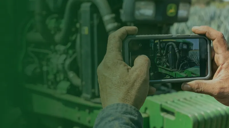 Productor del campo utilizando un smartphone para tomar fotografía a un tractor y publicar un anuncio de venta de maquinaria.