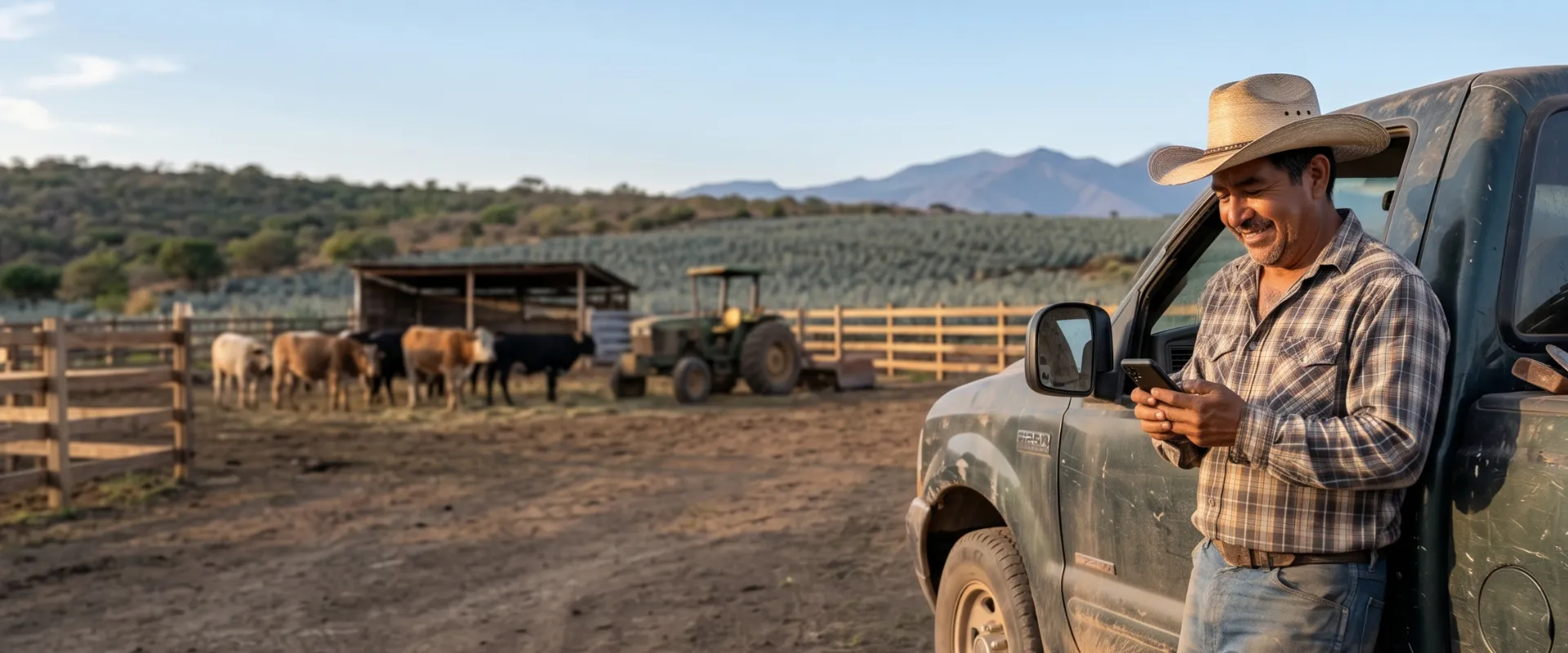Productor de campo utilizando celular frente a ganado y camioneta para vender en clasificados online.
